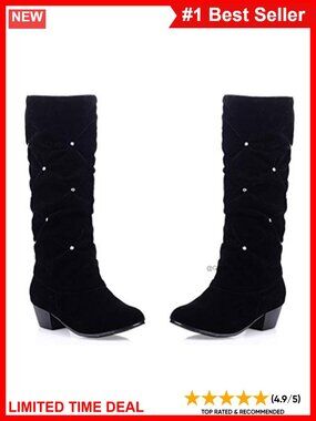 Women's Slouch Mid Calf Riding Boots Rhinestone Round Toe Faux Suede Low Heel